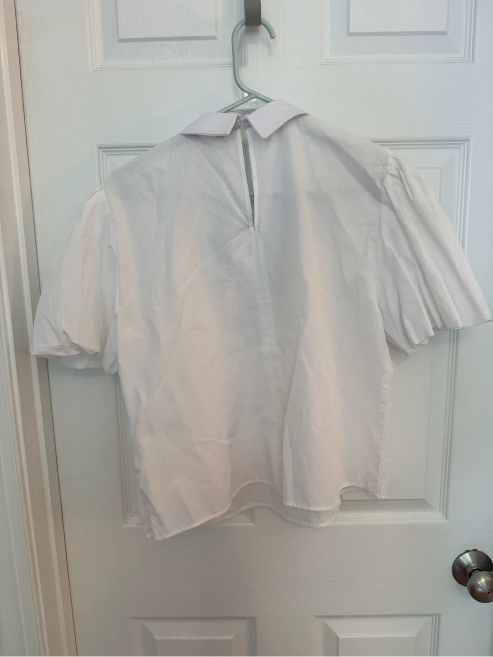 Zara White Puff Sleeve Blouse with Jeweled Collar and Black Ribbon
